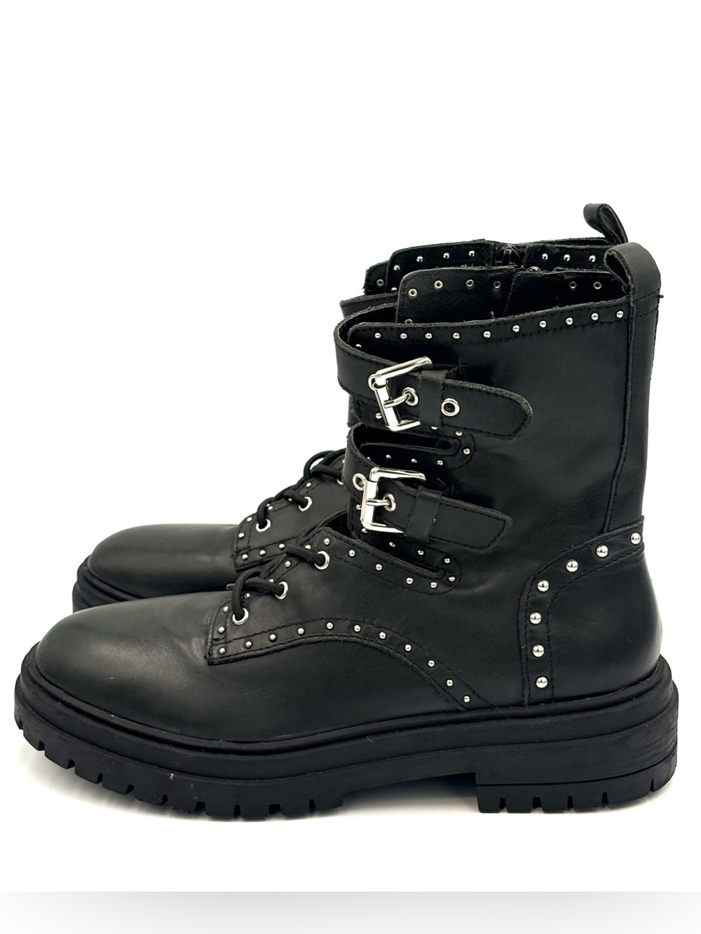 Chelsea & Violet Black Leather Silver Studded Combat Biker Boots Size 9